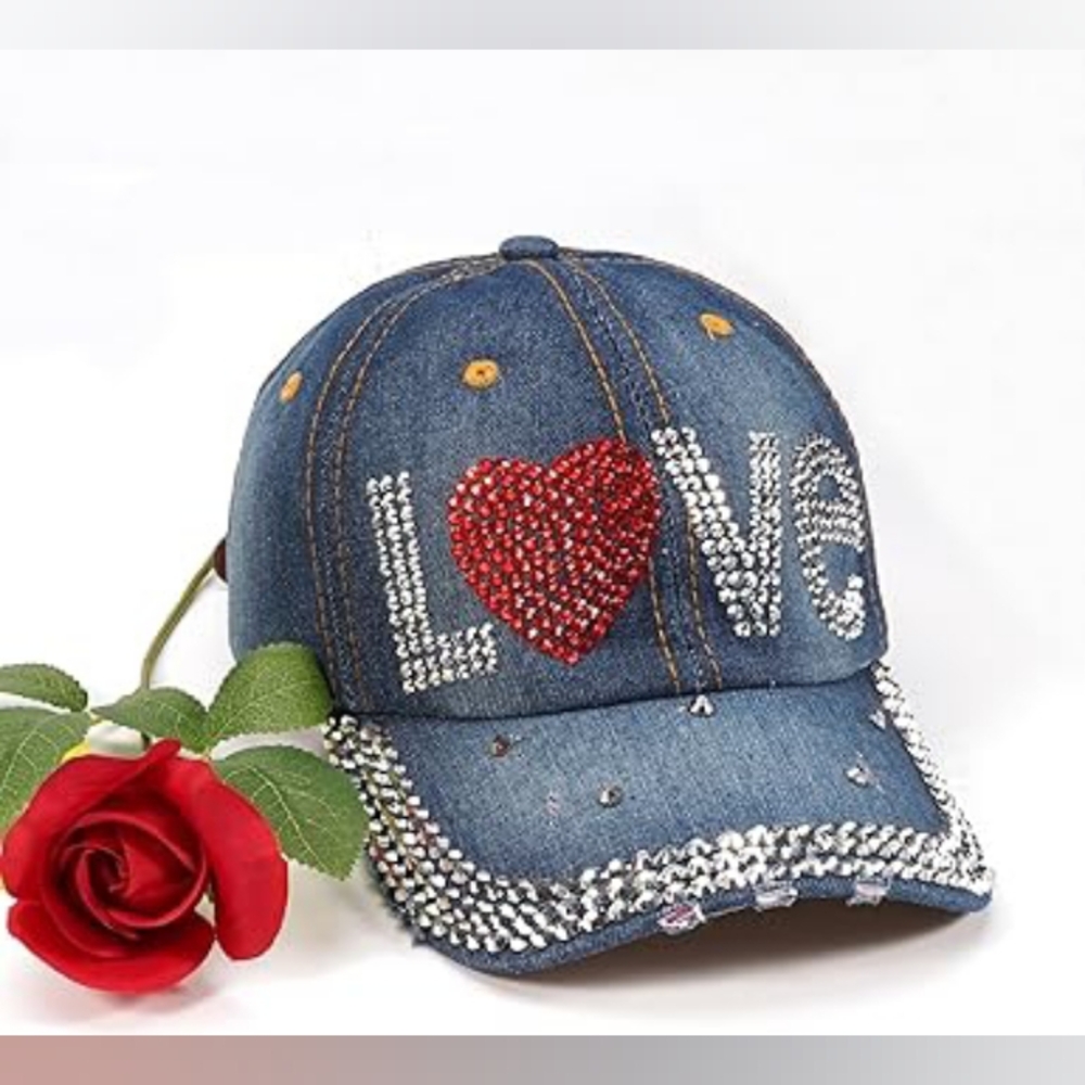 Denim Baseball Cap with Red Heart Crystal 'LOVE' Accent